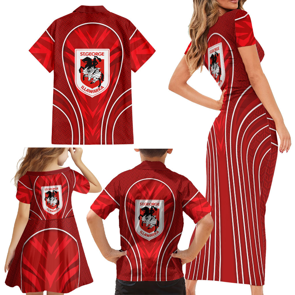 St George Illawarra Dragons Rugby Mascot Family Matching Short Sleeve Bodycon Dress and Hawaiian Shirt Australian Rugby Culture - Tribal Inspired Dragon