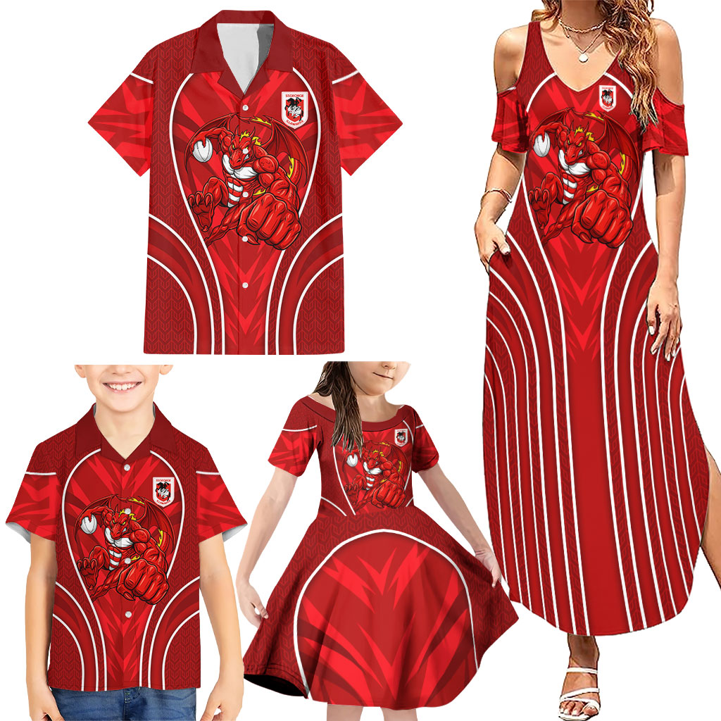 St George Illawarra Dragons Rugby Mascot Family Matching Summer Maxi Dress and Hawaiian Shirt Australian Rugby Culture - Tribal Inspired Dragon