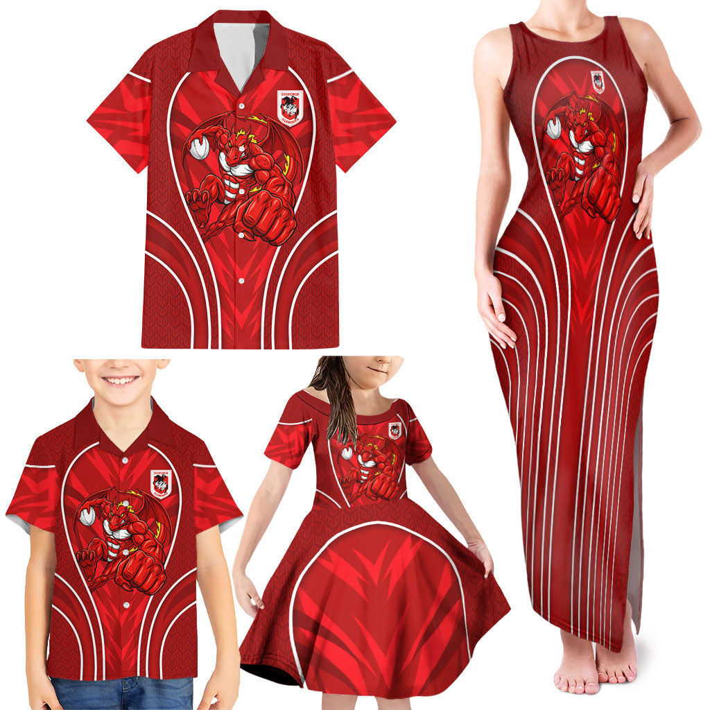 St George Illawarra Dragons Rugby Mascot Family Matching Tank Maxi Dress and Hawaiian Shirt Australian Rugby Culture - Tribal Inspired Dragon