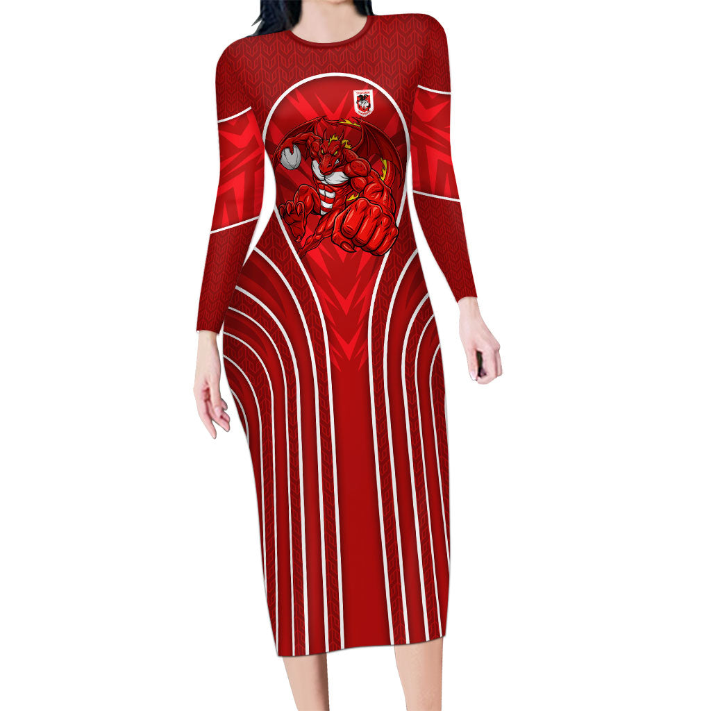 St George Illawarra Dragons Rugby Mascot Long Sleeve Bodycon Dress Australian Rugby Culture - Tribal Inspired Dragon
