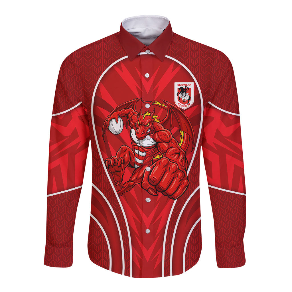 St George Illawarra Dragons Rugby Mascot Long Sleeve Button Shirt Australian Rugby Culture - Tribal Inspired Dragon