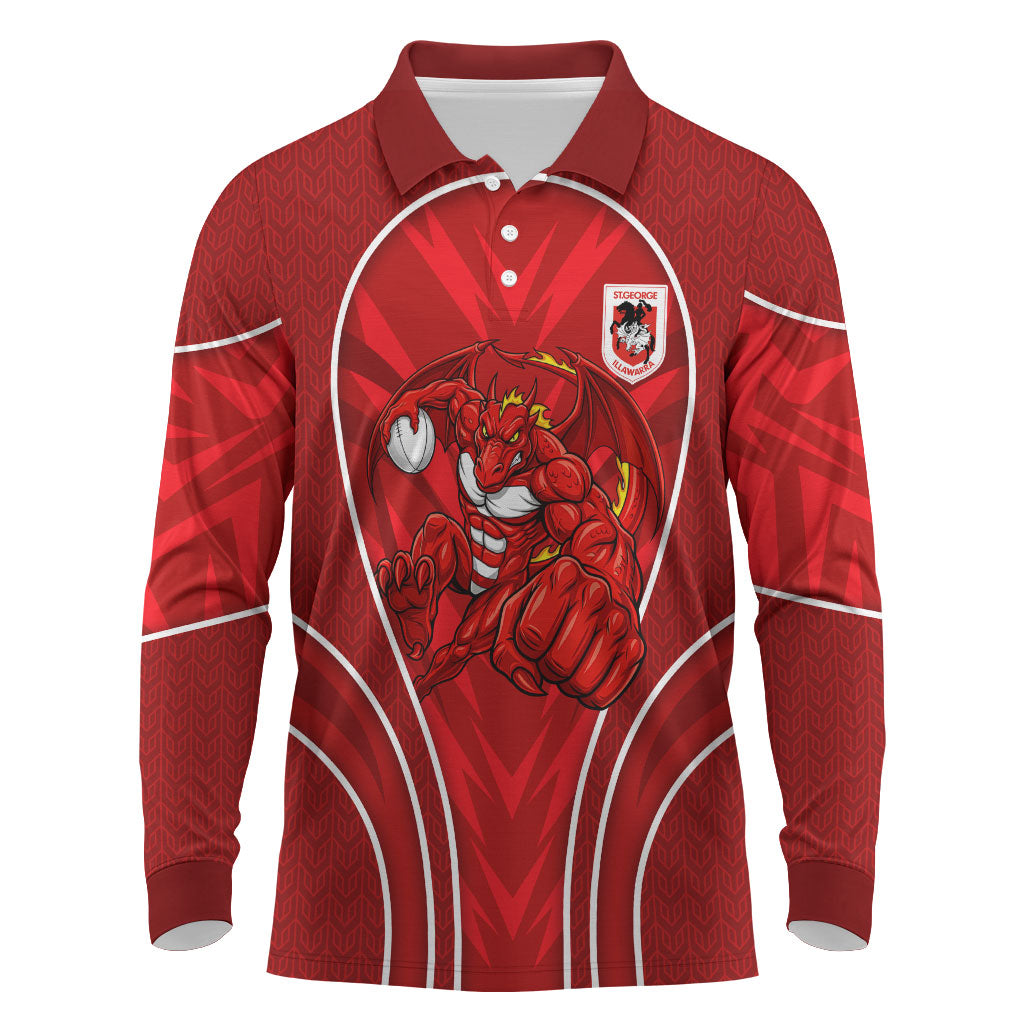 St George Illawarra Dragons Rugby Mascot Long Sleeve Polo Shirt Australian Rugby Culture - Tribal Inspired Dragon