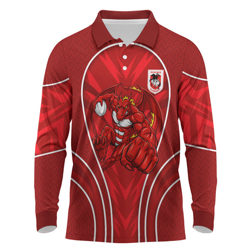 St George Illawarra Dragons Rugby Mascot Long Sleeve Polo Shirt Australian Rugby Culture - Tribal Inspired Dragon