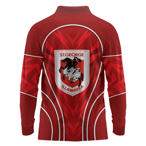St George Illawarra Dragons Rugby Mascot Long Sleeve Polo Shirt Australian Rugby Culture - Tribal Inspired Dragon