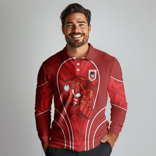 St George Illawarra Dragons Rugby Mascot Long Sleeve Polo Shirt Australian Rugby Culture - Tribal Inspired Dragon