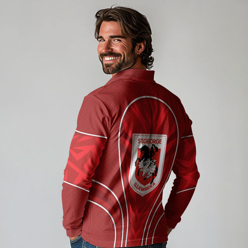 St George Illawarra Dragons Rugby Mascot Long Sleeve Polo Shirt Australian Rugby Culture - Tribal Inspired Dragon