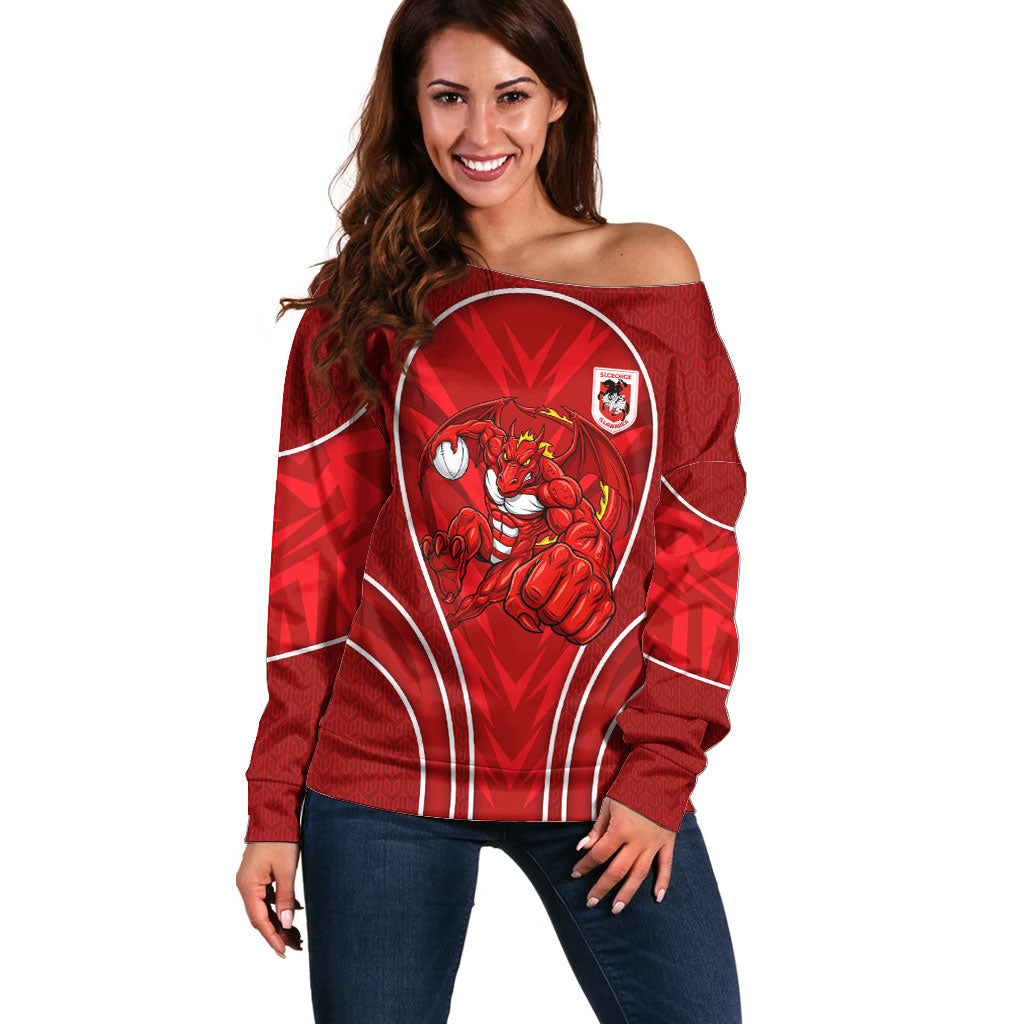 St George Illawarra Dragons Rugby Mascot Off Shoulder Sweater Australian Rugby Culture - Tribal Inspired Dragon