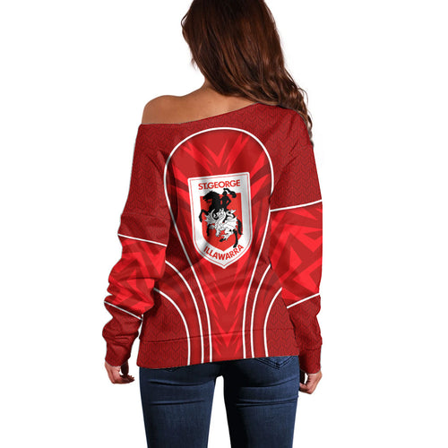 St George Illawarra Dragons Rugby Mascot Off Shoulder Sweater Australian Rugby Culture - Tribal Inspired Dragon