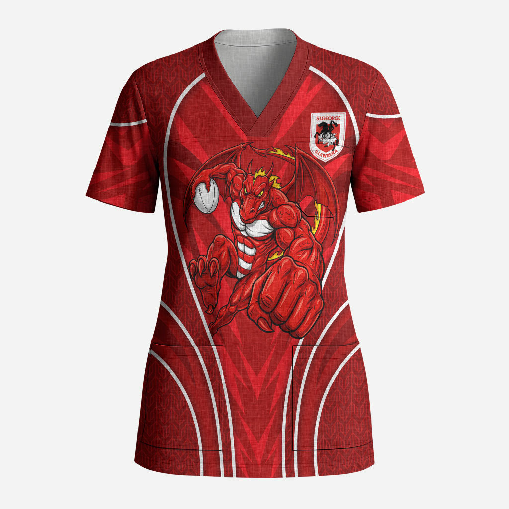 St George Illawarra Dragons Rugby Mascot Scrub Top Australian Rugby Culture - Tribal Inspired Dragon