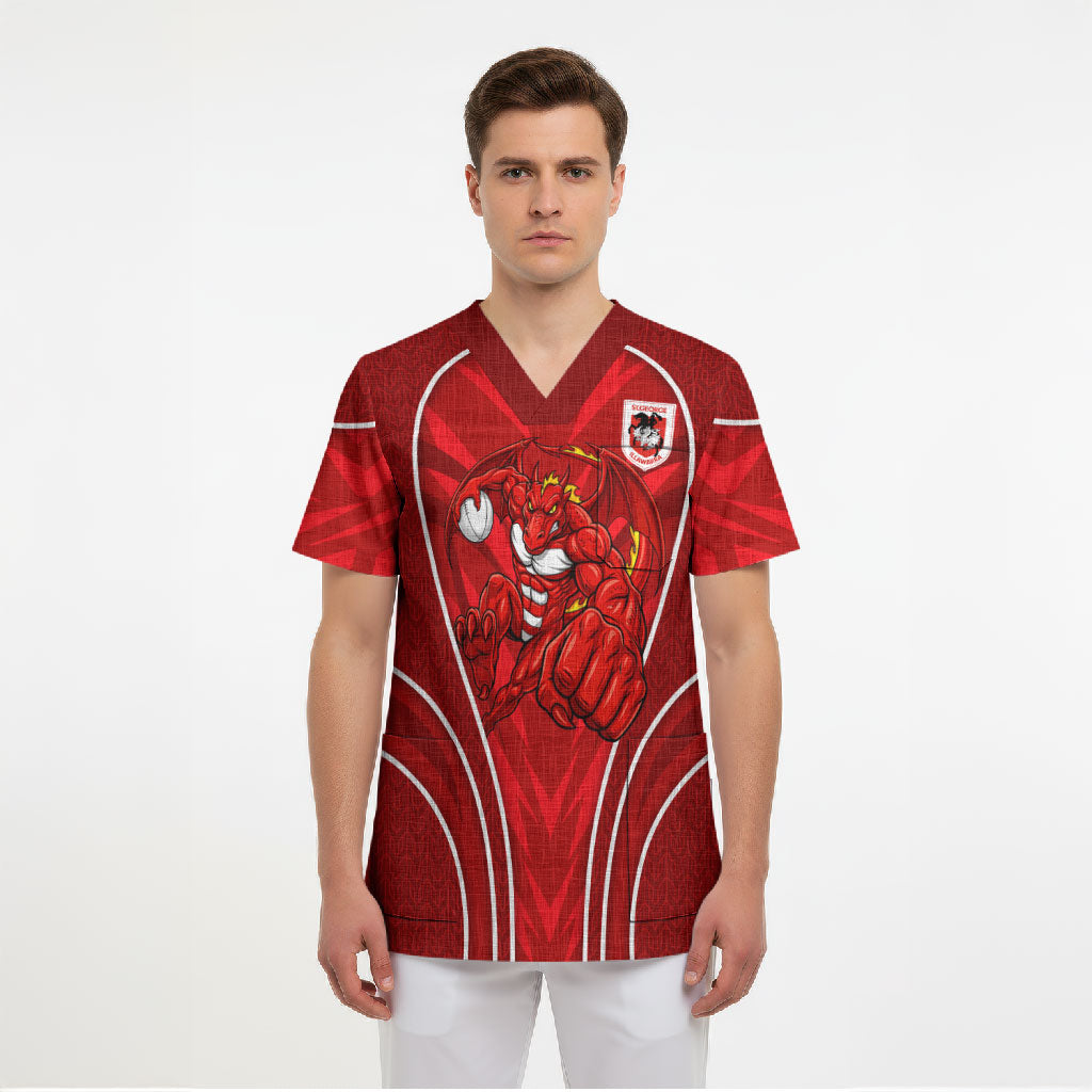 St George Illawarra Dragons Rugby Mascot Scrub Top Australian Rugby Culture - Tribal Inspired Dragon