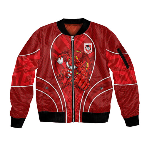 St George Illawarra Dragons Rugby Mascot Sleeve Zip Bomber Jacket Australian Rugby Culture - Tribal Inspired Dragon