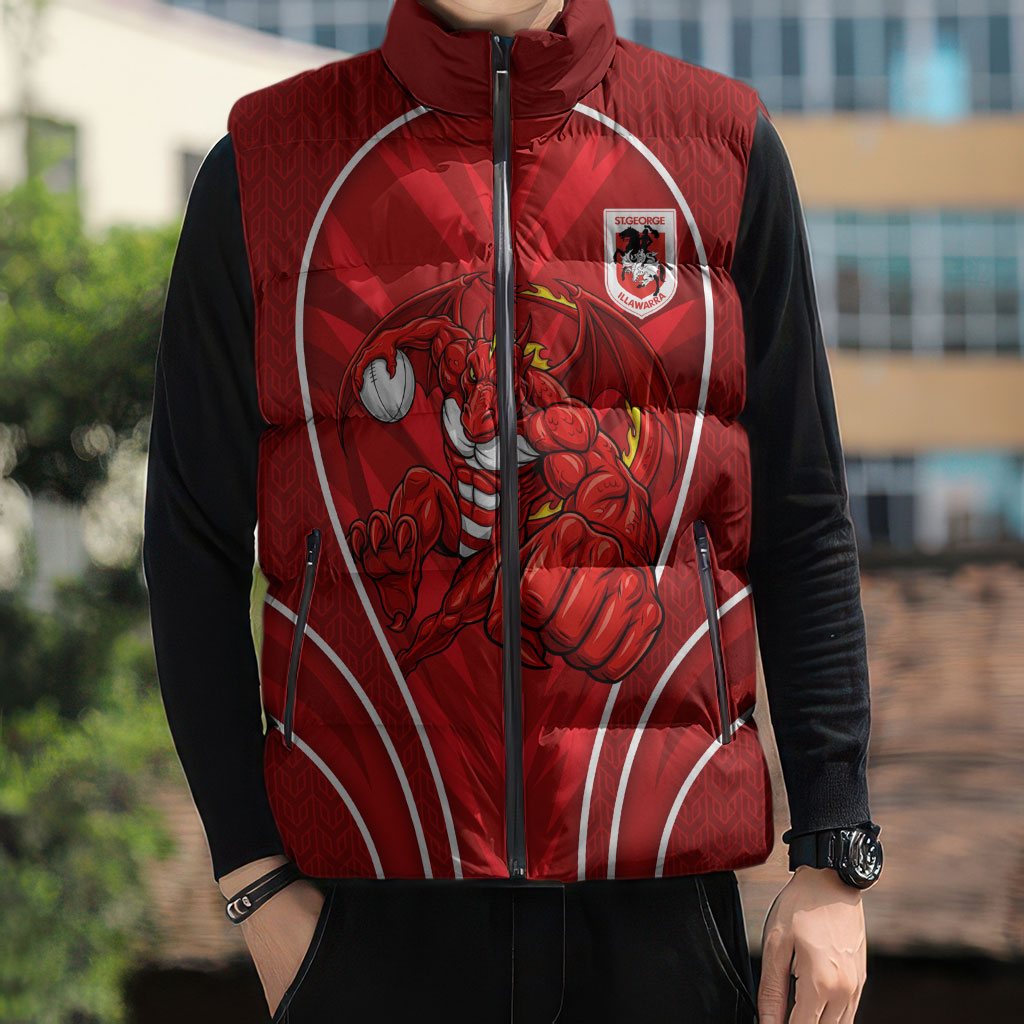 St George Illawarra Dragons Rugby Mascot Sleeveless Puffer Jacket Australian Rugby Culture - Tribal Inspired Dragon
