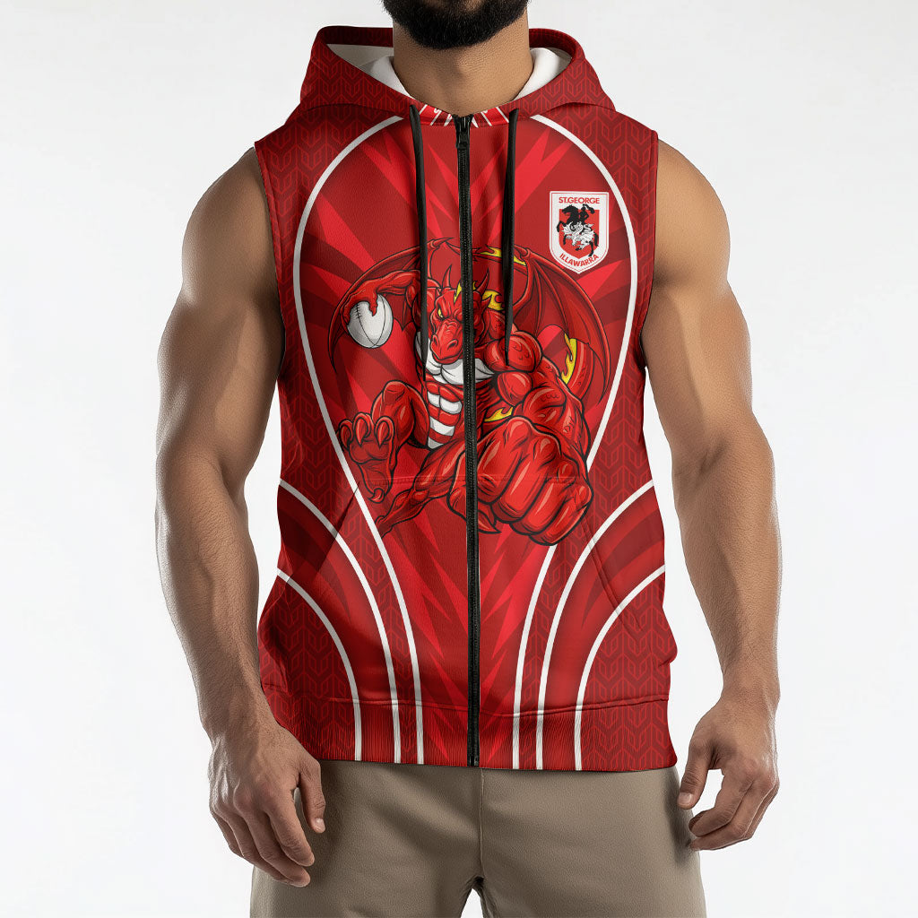 St George Illawarra Dragons Rugby Mascot Sleeveless Zip Hoodie Australian Rugby Culture - Tribal Inspired Dragon
