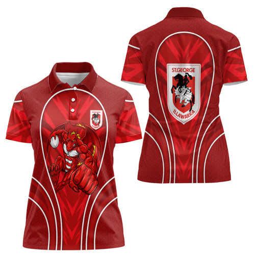 St George Illawarra Dragons Rugby Mascot Women Polo Shirt Australian Rugby Culture - Tribal Inspired Dragon
