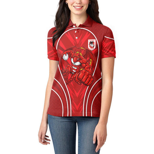St George Illawarra Dragons Rugby Mascot Women Polo Shirt Australian Rugby Culture - Tribal Inspired Dragon