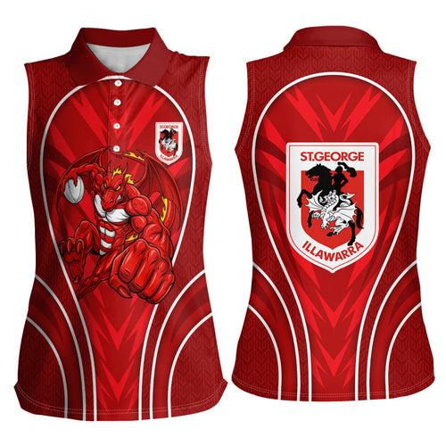 St George Illawarra Dragons Rugby Mascot Women Sleeveless Polo Shirt Australian Rugby Culture - Tribal Inspired Dragon