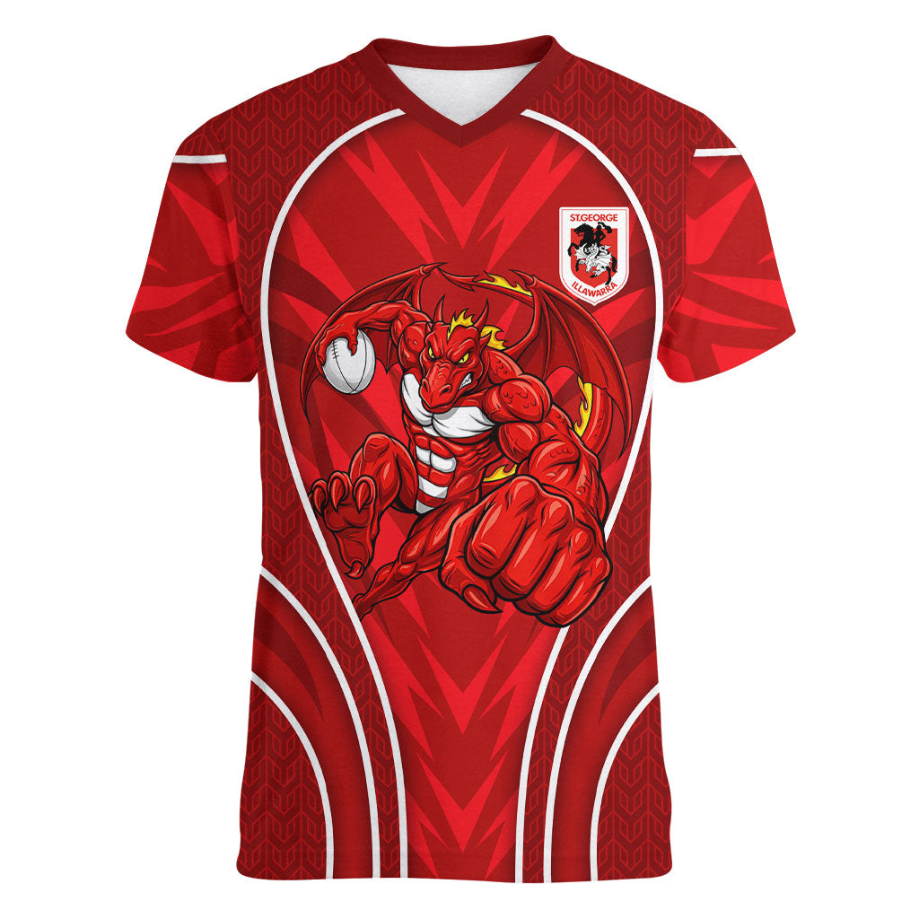 St George Illawarra Dragons Rugby Mascot Women V-Neck T-Shirt Australian Rugby Culture - Tribal Inspired Dragon