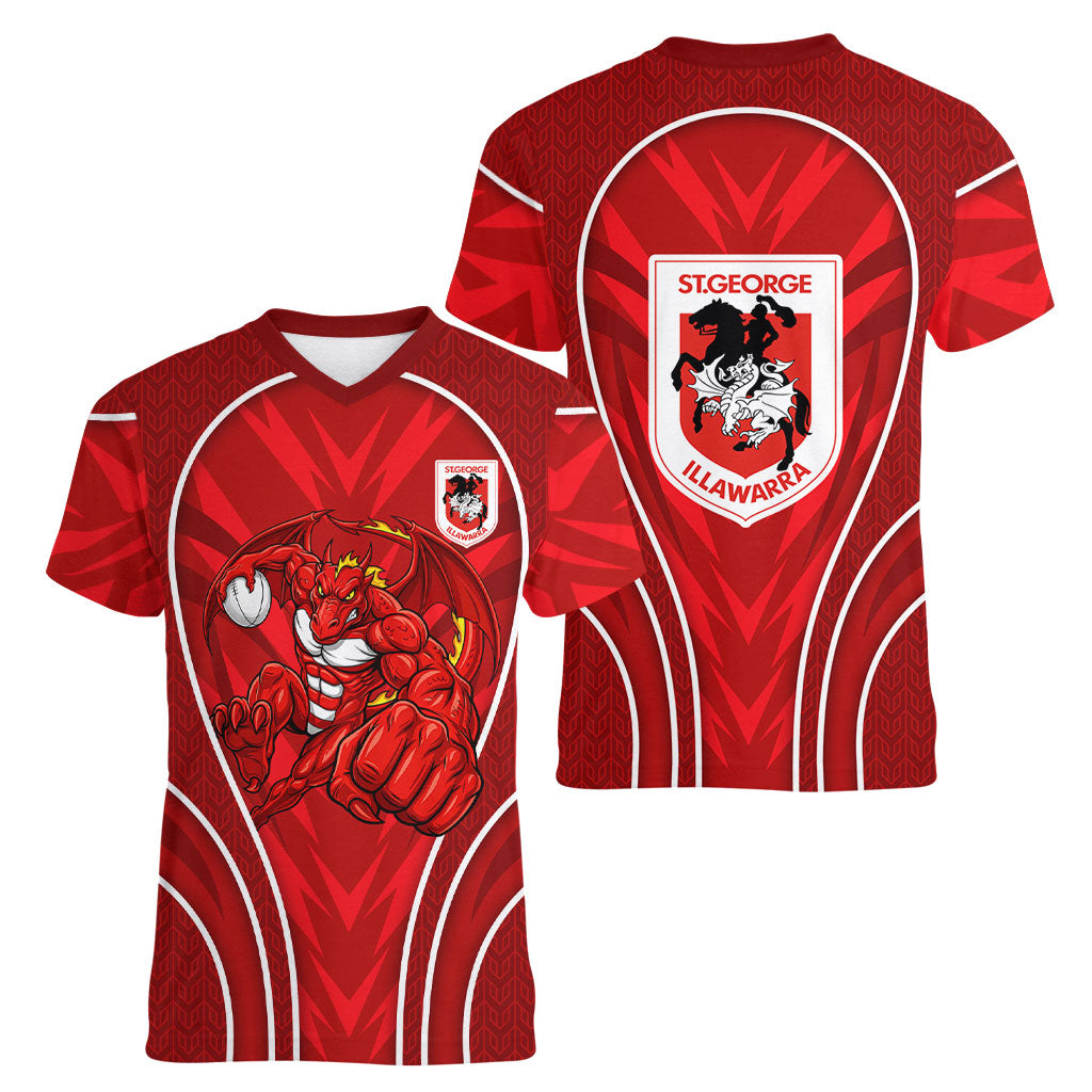St George Illawarra Dragons Rugby Mascot Women V-Neck T-Shirt Australian Rugby Culture - Tribal Inspired Dragon