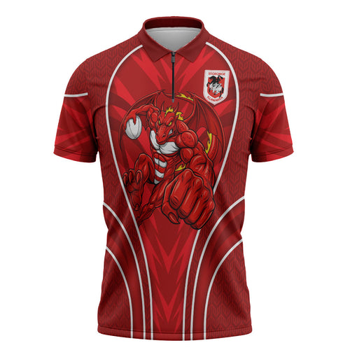 St George Illawarra Dragons Rugby Mascot Zipper Polo Shirt Australian Rugby Culture - Tribal Inspired Dragon