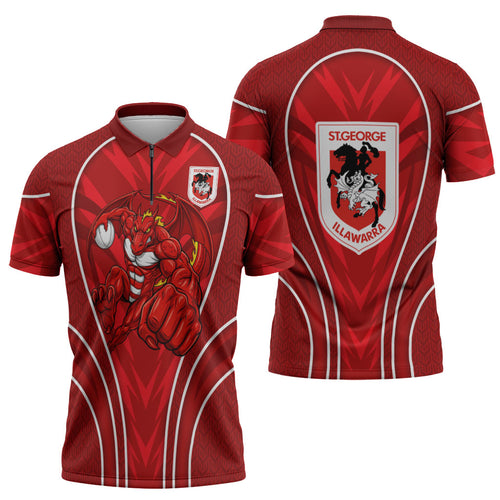 St George Illawarra Dragons Rugby Mascot Zipper Polo Shirt Australian Rugby Culture - Tribal Inspired Dragon
