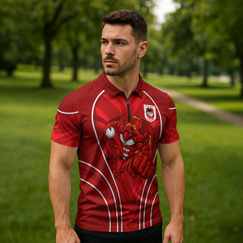 St George Illawarra Dragons Rugby Mascot Zipper Polo Shirt Australian Rugby Culture - Tribal Inspired Dragon