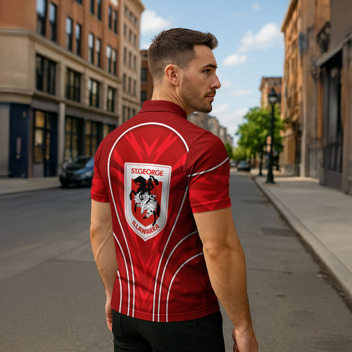St George Illawarra Dragons Rugby Mascot Zipper Polo Shirt Australian Rugby Culture - Tribal Inspired Dragon