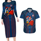 Sydney Roosters Rugby Mascot Couples Matching Long Sleeve Bodycon Dress and Hawaiian Shirt Australian Rugby Culture - Tribal Inspired Rooster