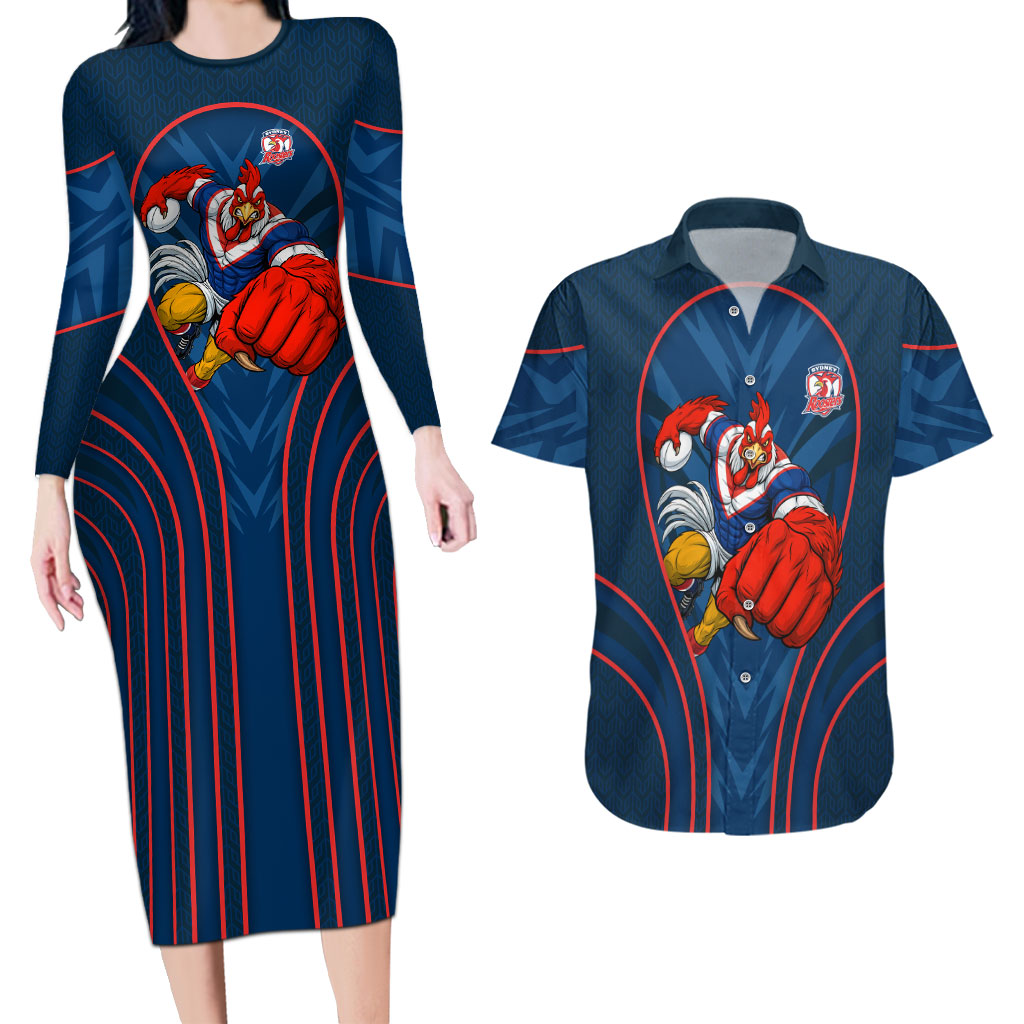 Sydney Roosters Rugby Mascot Couples Matching Long Sleeve Bodycon Dress and Hawaiian Shirt Australian Rugby Culture - Tribal Inspired Rooster