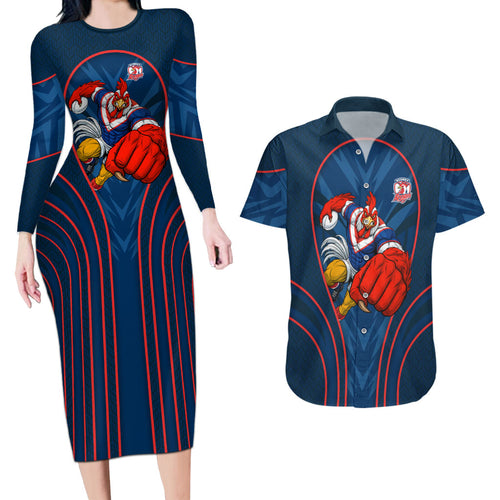 Sydney Roosters Rugby Mascot Couples Matching Long Sleeve Bodycon Dress and Hawaiian Shirt Australian Rugby Culture - Tribal Inspired Rooster