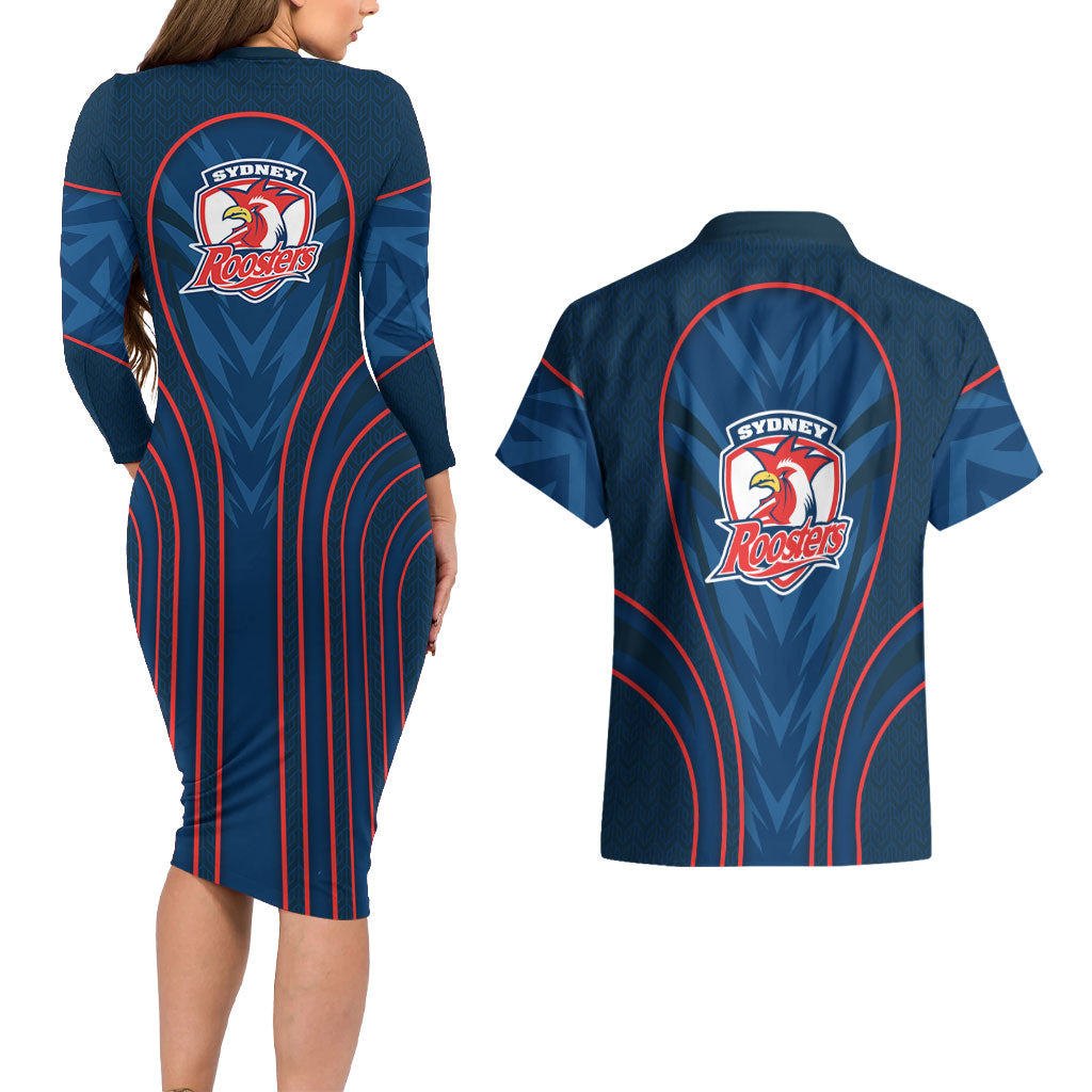 Sydney Roosters Rugby Mascot Couples Matching Long Sleeve Bodycon Dress and Hawaiian Shirt Australian Rugby Culture - Tribal Inspired Rooster
