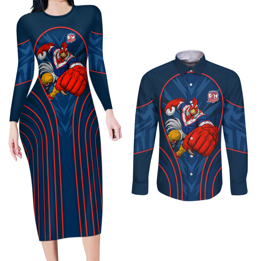 Sydney Roosters Rugby Mascot Couples Matching Long Sleeve Bodycon Dress and Long Sleeve Button Shirt Australian Rugby Culture - Tribal Inspired Rooster