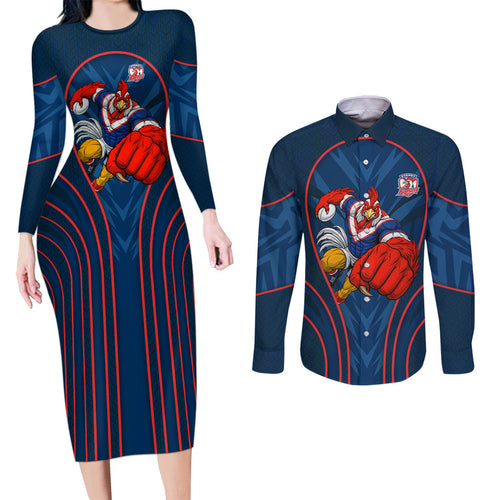 Sydney Roosters Rugby Mascot Couples Matching Long Sleeve Bodycon Dress and Long Sleeve Button Shirt Australian Rugby Culture - Tribal Inspired Rooster