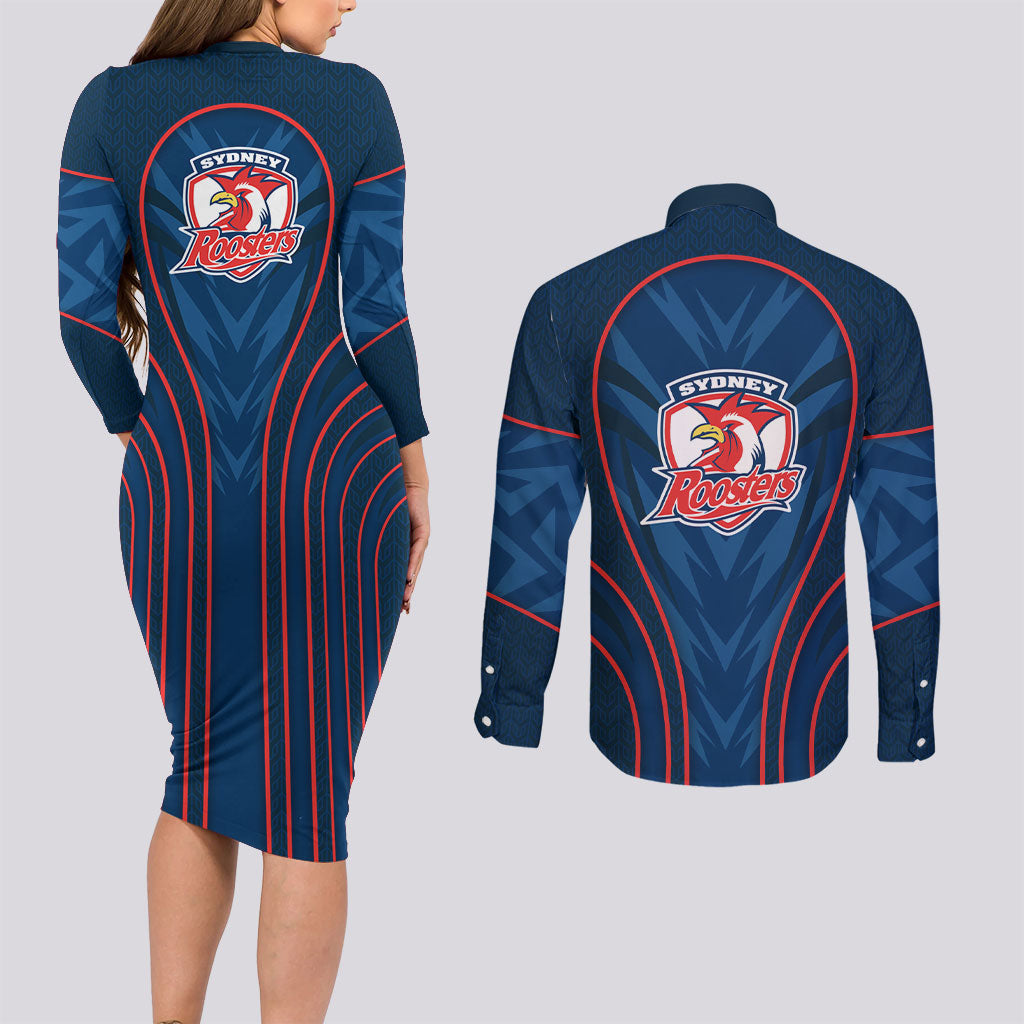 Sydney Roosters Rugby Mascot Couples Matching Long Sleeve Bodycon Dress and Long Sleeve Button Shirt Australian Rugby Culture - Tribal Inspired Rooster