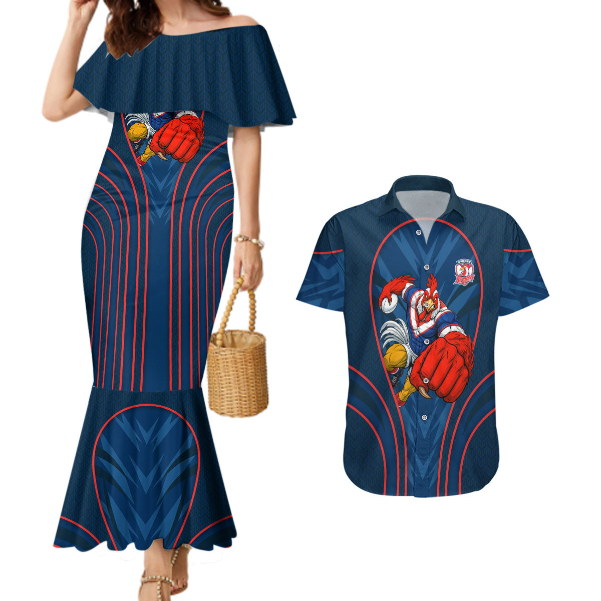 Sydney Roosters Rugby Mascot Couples Matching Mermaid Dress and Hawaiian Shirt Australian Rugby Culture - Tribal Inspired Rooster
