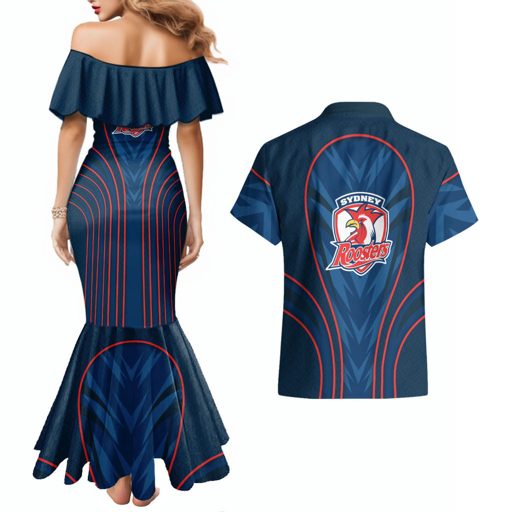 Sydney Roosters Rugby Mascot Couples Matching Mermaid Dress and Hawaiian Shirt Australian Rugby Culture - Tribal Inspired Rooster