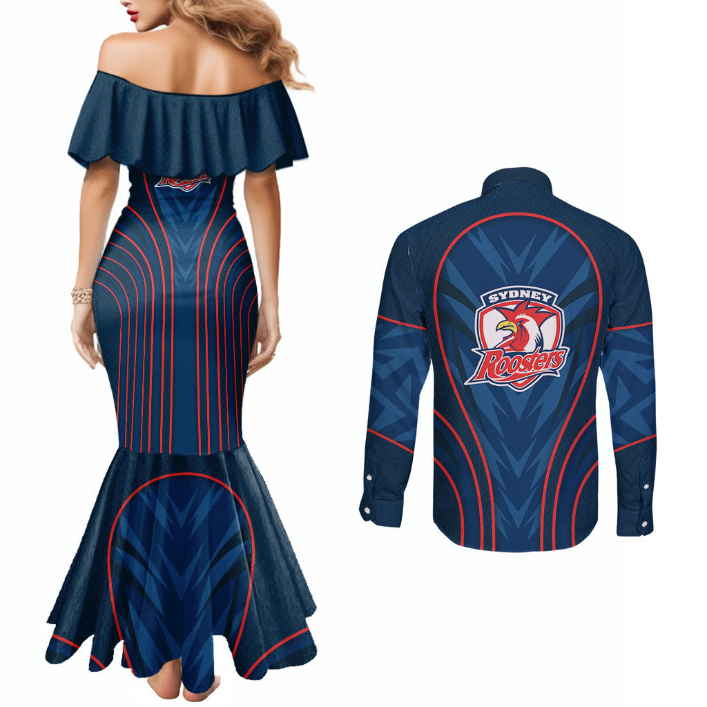 Sydney Roosters Rugby Mascot Couples Matching Mermaid Dress and Long Sleeve Button Shirt Australian Rugby Culture - Tribal Inspired Rooster