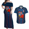 Sydney Roosters Rugby Mascot Couples Matching Off Shoulder Maxi Dress and Hawaiian Shirt Australian Rugby Culture - Tribal Inspired Rooster