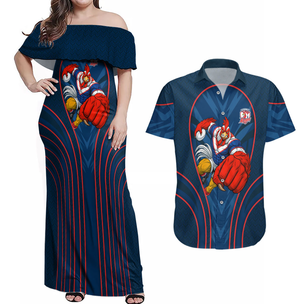 Sydney Roosters Rugby Mascot Couples Matching Off Shoulder Maxi Dress and Hawaiian Shirt Australian Rugby Culture - Tribal Inspired Rooster