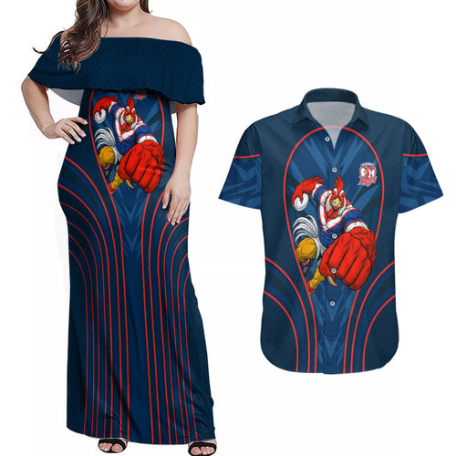 Sydney Roosters Rugby Mascot Couples Matching Off Shoulder Maxi Dress and Hawaiian Shirt Australian Rugby Culture - Tribal Inspired Rooster