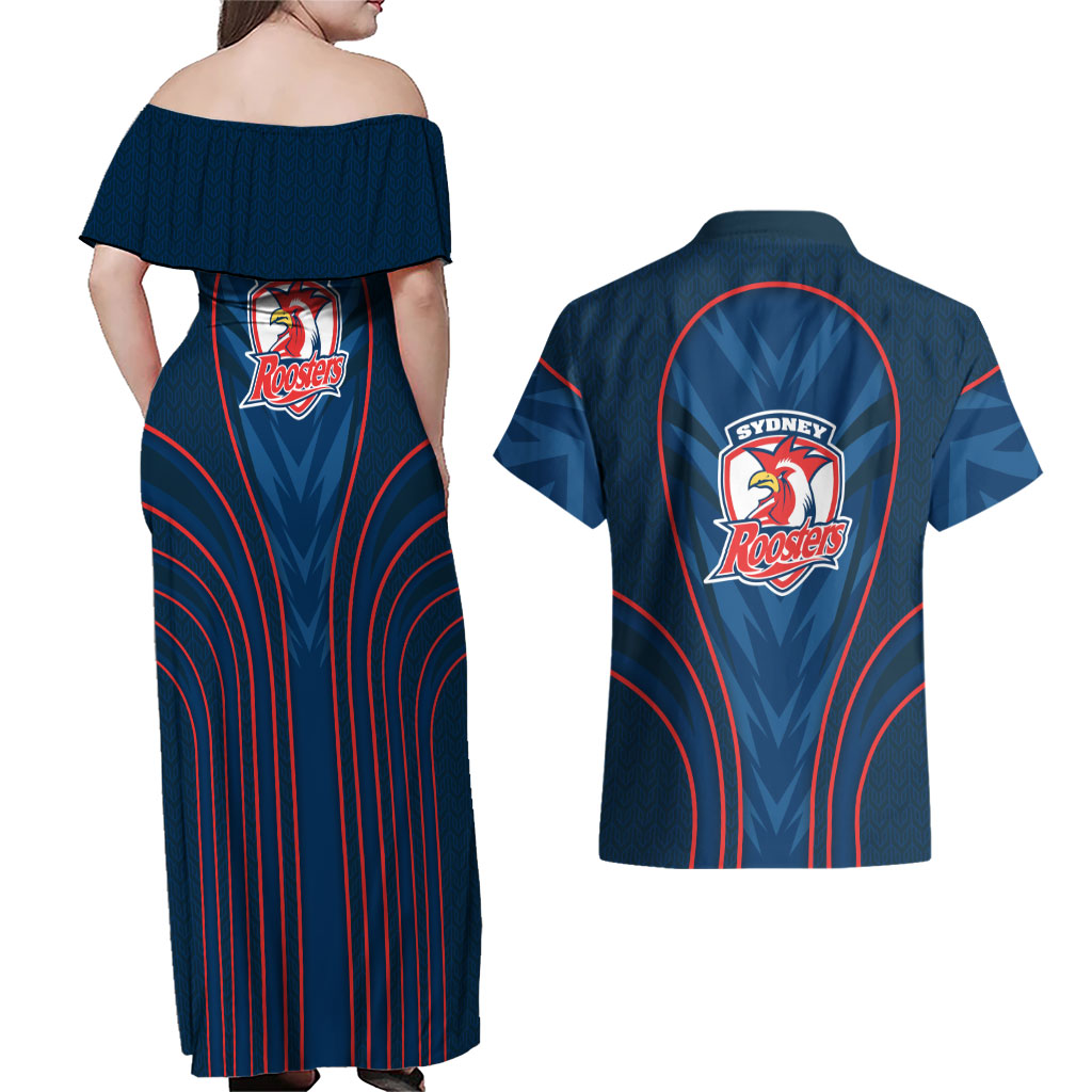 Sydney Roosters Rugby Mascot Couples Matching Off Shoulder Maxi Dress and Hawaiian Shirt Australian Rugby Culture - Tribal Inspired Rooster