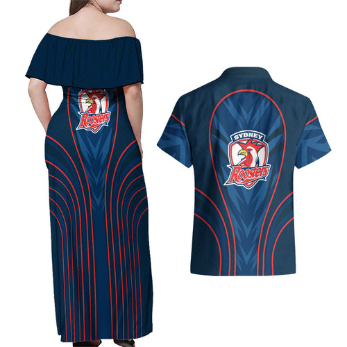 Sydney Roosters Rugby Mascot Couples Matching Off Shoulder Maxi Dress and Hawaiian Shirt Australian Rugby Culture - Tribal Inspired Rooster