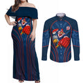 Sydney Roosters Rugby Mascot Couples Matching Off Shoulder Maxi Dress and Long Sleeve Button Shirt Australian Rugby Culture - Tribal Inspired Rooster