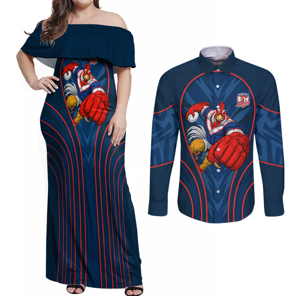 Sydney Roosters Rugby Mascot Couples Matching Off Shoulder Maxi Dress and Long Sleeve Button Shirt Australian Rugby Culture - Tribal Inspired Rooster
