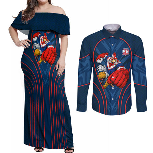 Sydney Roosters Rugby Mascot Couples Matching Off Shoulder Maxi Dress and Long Sleeve Button Shirt Australian Rugby Culture - Tribal Inspired Rooster