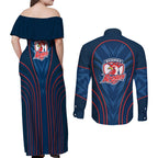 Sydney Roosters Rugby Mascot Couples Matching Off Shoulder Maxi Dress and Long Sleeve Button Shirt Australian Rugby Culture - Tribal Inspired Rooster