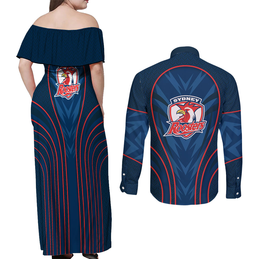 Sydney Roosters Rugby Mascot Couples Matching Off Shoulder Maxi Dress and Long Sleeve Button Shirt Australian Rugby Culture - Tribal Inspired Rooster