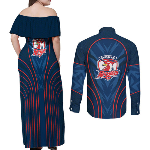 Sydney Roosters Rugby Mascot Couples Matching Off Shoulder Maxi Dress and Long Sleeve Button Shirt Australian Rugby Culture - Tribal Inspired Rooster
