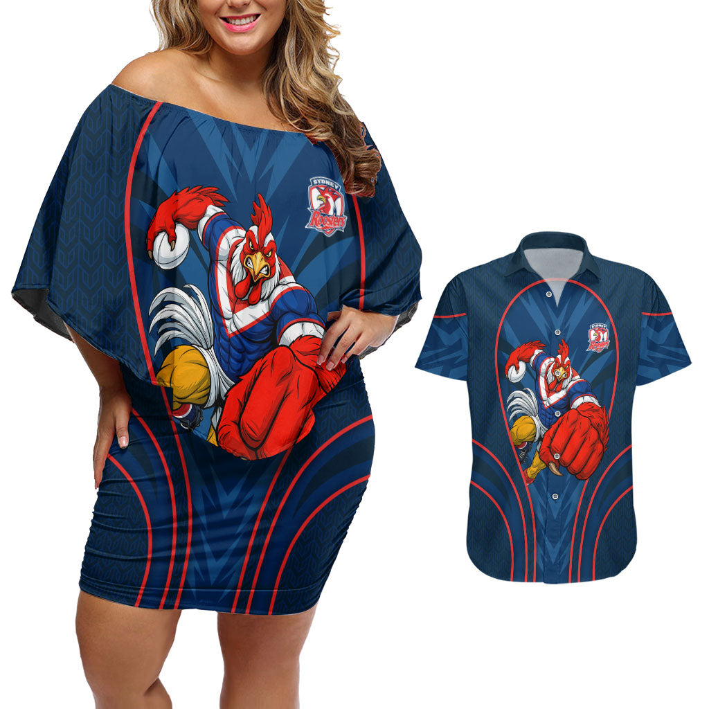 Sydney Roosters Rugby Mascot Couples Matching Off Shoulder Short Dress and Hawaiian Shirt Australian Rugby Culture - Tribal Inspired Rooster