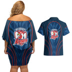 Sydney Roosters Rugby Mascot Couples Matching Off Shoulder Short Dress and Hawaiian Shirt Australian Rugby Culture - Tribal Inspired Rooster