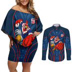 Sydney Roosters Rugby Mascot Couples Matching Off Shoulder Short Dress and Long Sleeve Button Shirt Australian Rugby Culture - Tribal Inspired Rooster
